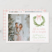 ピンクボウ名門私立校風のリースプレイドクリスマス シーズンカード (正面/裏面)