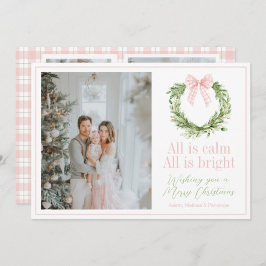 ピンクボウ名門私立校風のリースプレイドクリスマス シーズンカード (正面/裏面)