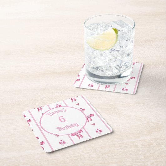 ピンクボウ垂直ストライプ – コケ名門私立校風のット スクエアペーパーコースター (インサイチュ)