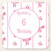 ピンクボウ垂直ストライプ – コケ名門私立校風のット スクエアペーパーコースター (正面)