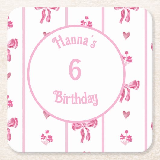 ピンクボウ垂直ストライプ – コケ名門私立校風のット スクエアペーパーコースター (正面)