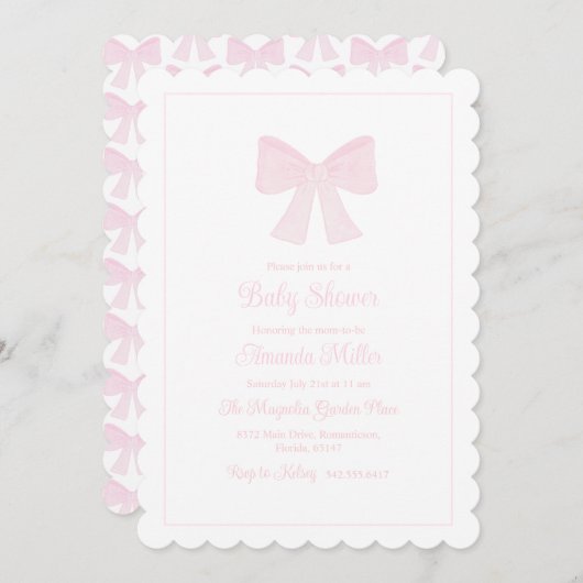 ピンクボウ大千年紀名門私立校風の赤ちゃんシャワー 招待状 (正面/裏面)