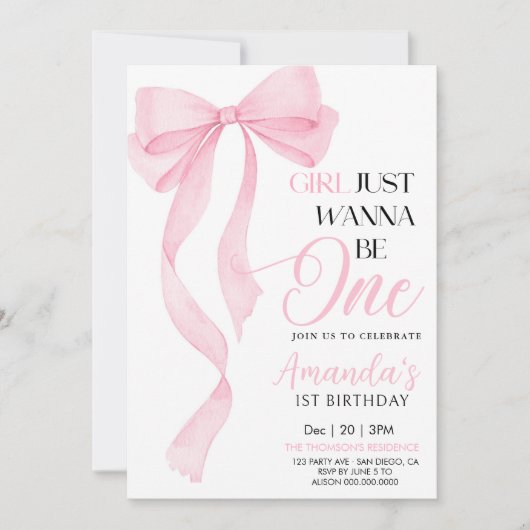 ピンクボウ女の子の誕生日 招待状 (正面)