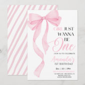 ピンクボウ女の子の誕生日 招待状 (正面/裏面)