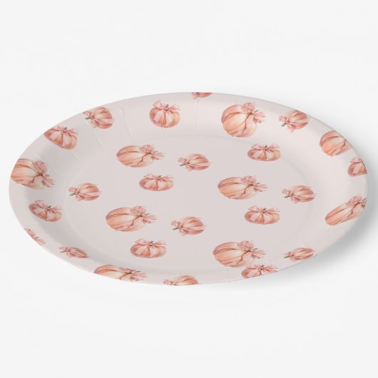 ピンクボウ女の子の赤ちゃんシャワー付きカボチャ ペーパープレート (アングル)