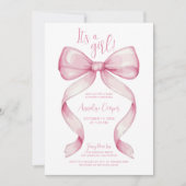ピンクボウ女の子の赤ちゃんシャワー 招待状 (正面)
