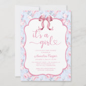 ピンクボウ女の子の赤ちゃんシャワー 招待状 (正面)