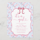 ピンクボウ女の子の赤ちゃんシャワー 招待状 (正面/裏面)