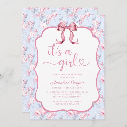 ピンクボウ女の子の赤ちゃんシャワー 招待状 (正面/裏面)