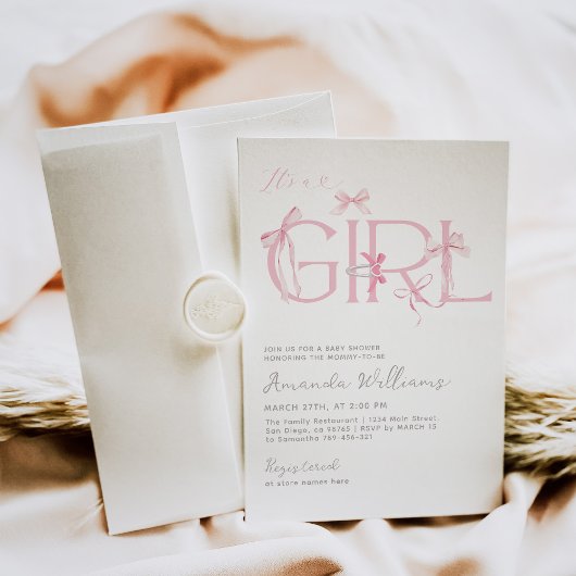 ピンクボウ女の子の赤ちゃんモダンシャワー 招待状