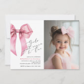 ピンクボウ女の子はただ1つの写真の誕生日でありたい 招待状 (正面)