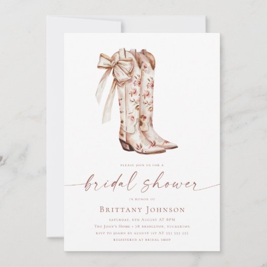 ピンクボウ女性のカーボーイブライダルシャワー 招待状 (正面)