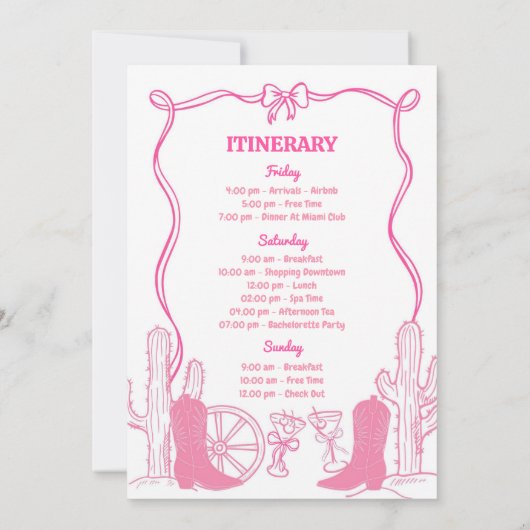 ピンクボウ女性のカーボーイラストロデオバチェロレッテ週末 招待状 (裏面)