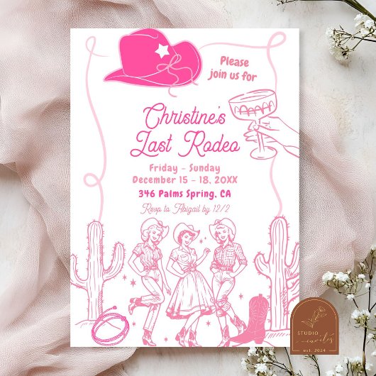 ピンクボウ女性のカーボーイラストロデオバチェロレッテ週末 招待状