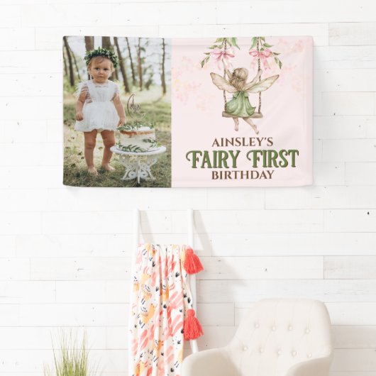 ピンクボウ妖精の最初の誕生日かわいい写真ビニル 横断幕 (インサイチュ)