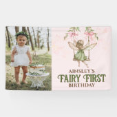 ピンクボウ妖精の最初の誕生日かわいい写真ビニル 横断幕 (横)
