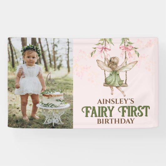 ピンクボウ妖精の最初の誕生日かわいい写真ビニル 横断幕 (横)
