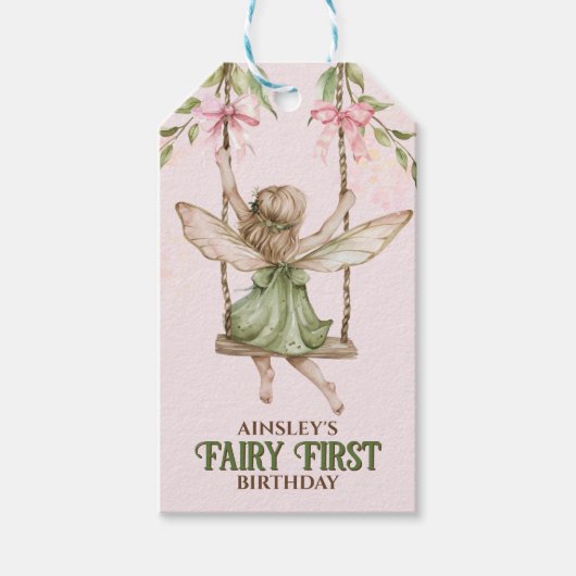 ピンクボウ妖精の最初の誕生日パーソナライズされた ギフトタグ (正面)