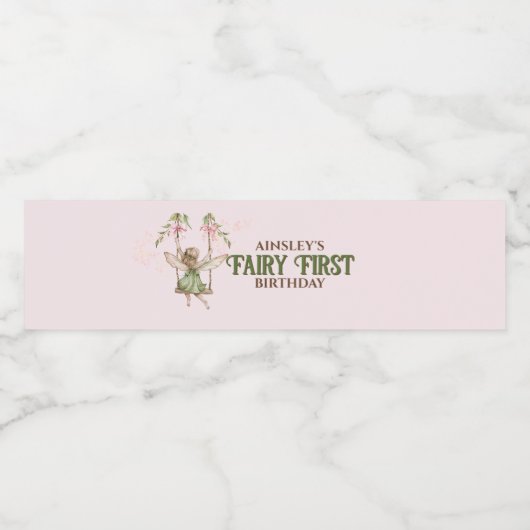 ピンクボウ妖精の最初の誕生日パーソナライズされた ペットボトルラベル (シングルラベル)