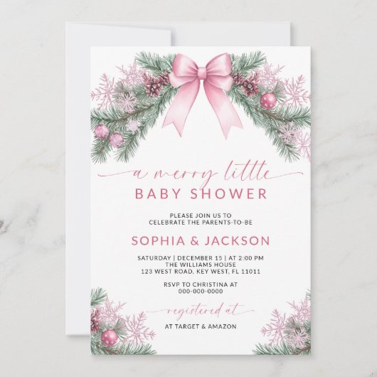 ピンクボウ小さなメリー赤ちゃんシャワー招待状 招待状 (正面)