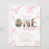 ピンクボウ小さな恋しく思写真誕生日パーティー 招待状 (正面)