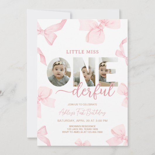 ピンクボウ小さな恋しく思写真誕生日パーティー 招待状 (正面)