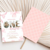 ピンクボウ小さな恋しく思写真誕生日パーティー 招待状