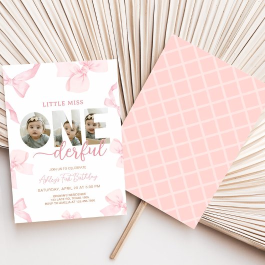 ピンクボウ小さな恋しく思写真誕生日パーティー 招待状