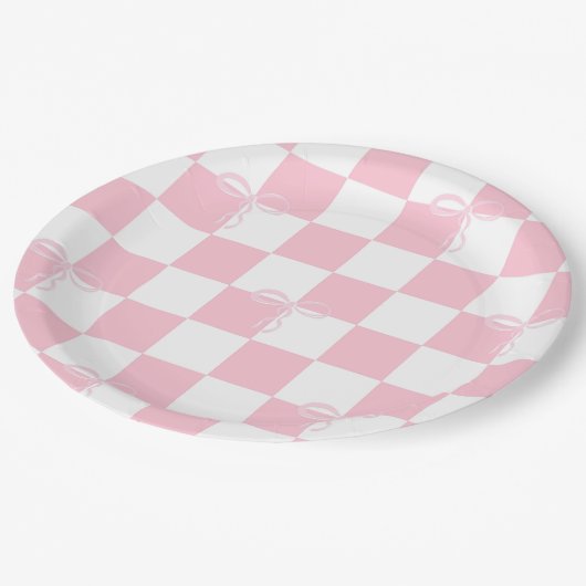 ピンクボウ市松模様にガーリーバチェロレッテ ペーパープレート (アングル)