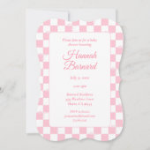 ピンクボウ市松模様にコガーリーケット赤ちゃんシャワー 招待状 (正面)