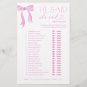 ピンクボウ彼は彼女はブライダルシャワーゲームを言った (正面)