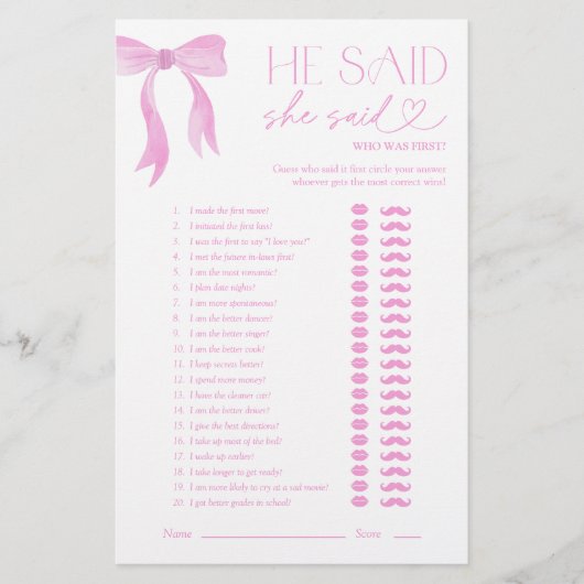 ピンクボウ彼は彼女はブライダルシャワーゲームを言った (正面)