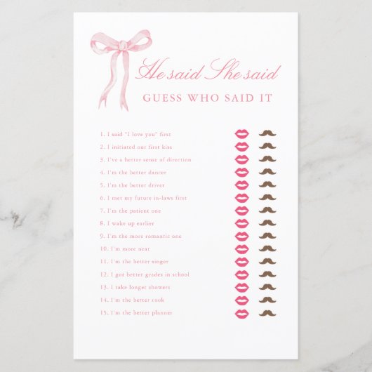 ピンクボウ彼は彼女はブライダルシャワーゲームを言った (正面)