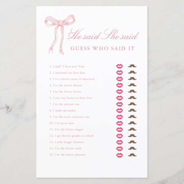 ピンクボウ彼は彼女はブライダルシャワーゲームを言った (正面)