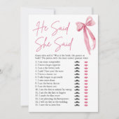 ピンクボウ彼は彼女はブライダルシャワーゲームを言った 招待状 (正面)