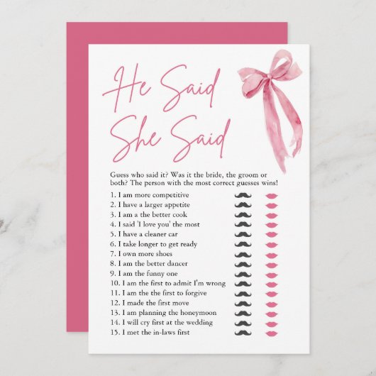 ピンクボウ彼は彼女はブライダルシャワーゲームを言った 招待状 (正面/裏面)