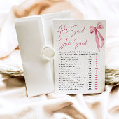 ピンクボウ彼は彼女はブライダルシャワーゲームを言った 招待状