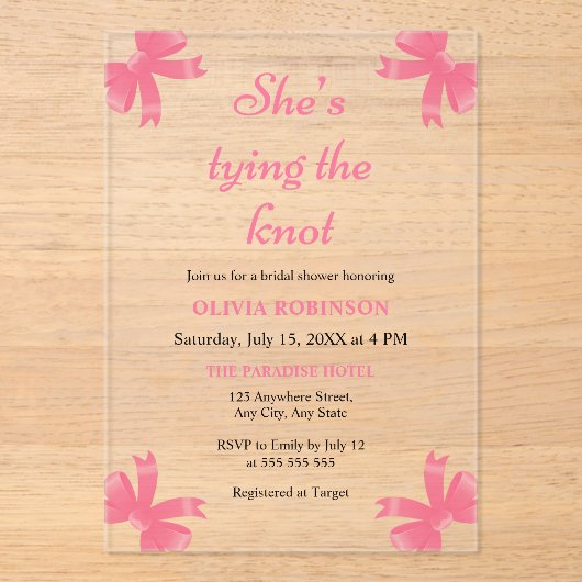 ピンクボウ彼女が結ぶノットブライダルシャワー アクリル招待状 (正面)