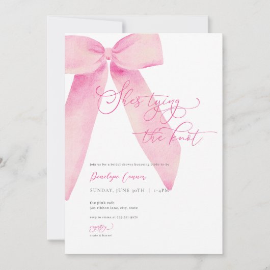 ピンクボウ彼女が結んでいるノットブライダルシャワー招待状 招待状 (正面)