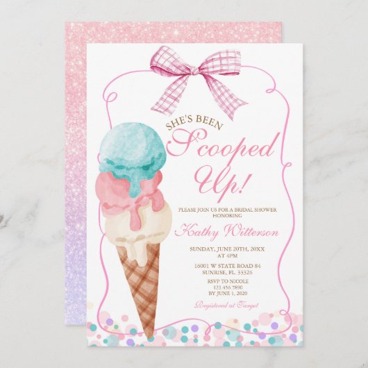 ピンクボウ彼女はスクープのアイスブライダルシャワー 招待状 (正面/裏面)