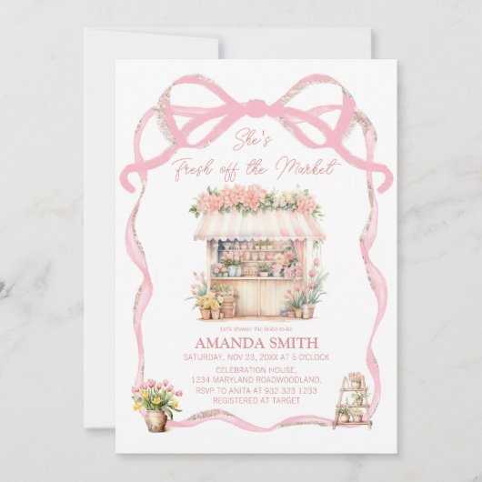 ピンクボウ彼女は市場から出て新しいブライダルシャワー 招待状 (正面)