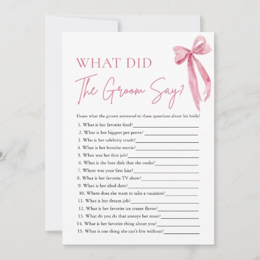 ピンクボウ新郎が言ったブライダルシャワーゲーム 招待状 (正面)