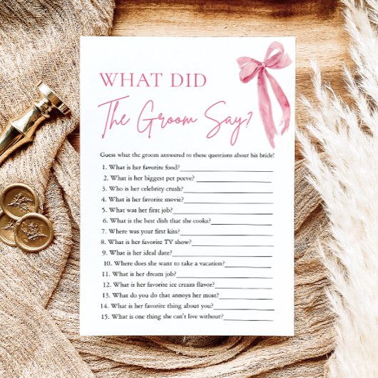 ピンクボウ新郎が言ったブライダルシャワーゲーム 招待状