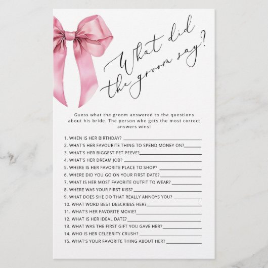 ピンクボウ新郎は何と言ったブライダルシャワーゲーム (正面)