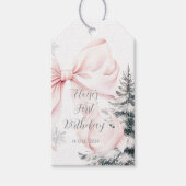 ピンクボウ松の木の冬のオネダーランド1歳の誕生日 ギフトタグ (正面)