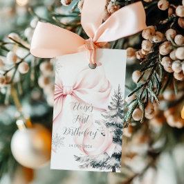 ピンクボウ松の木の冬のオネダーランド1歳の誕生日 ギフトタグ