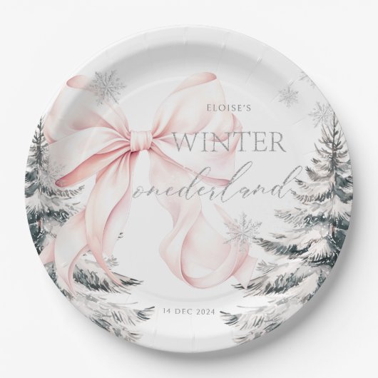ピンクボウ松の木の冬のオネダーランド1歳の誕生日 ペーパープレート (正面)
