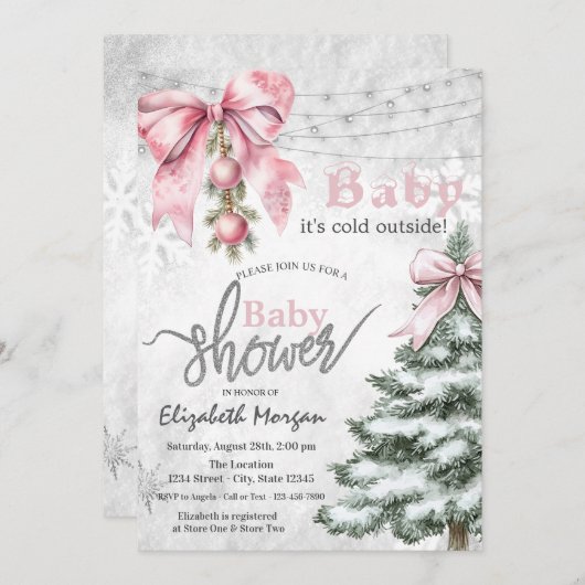 ピンクボウ松の木の玉の冷たい外 招待状 (正面/裏面)