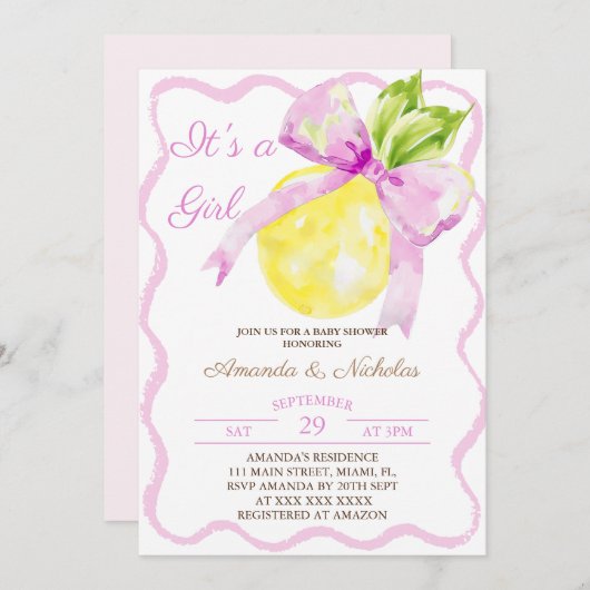 ピンクボウ柑橘系ガールベビーシャワー 招待状 (正面/裏面)