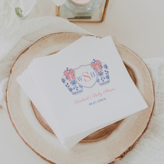 ピンクボウ水の色ガールモノグラムベビーシャワー スタンダードカクテルナプキン